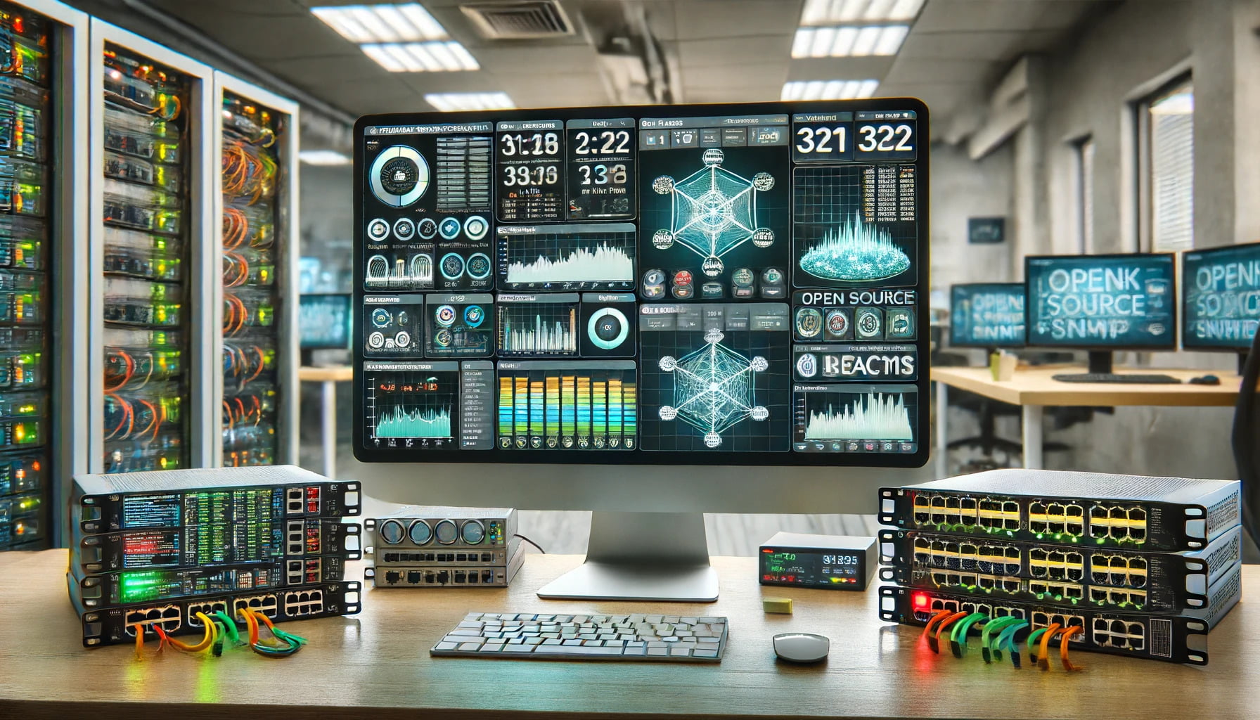 network management setup with multiple open source SNMP monitoring tools on display. The scene includes a large computer monitor