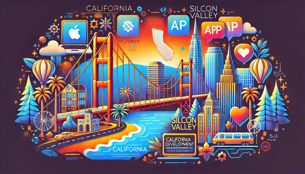 The illustration showcases iconic landmarks and elements representing app development, capturing the innovative spirit of California's tech industry.