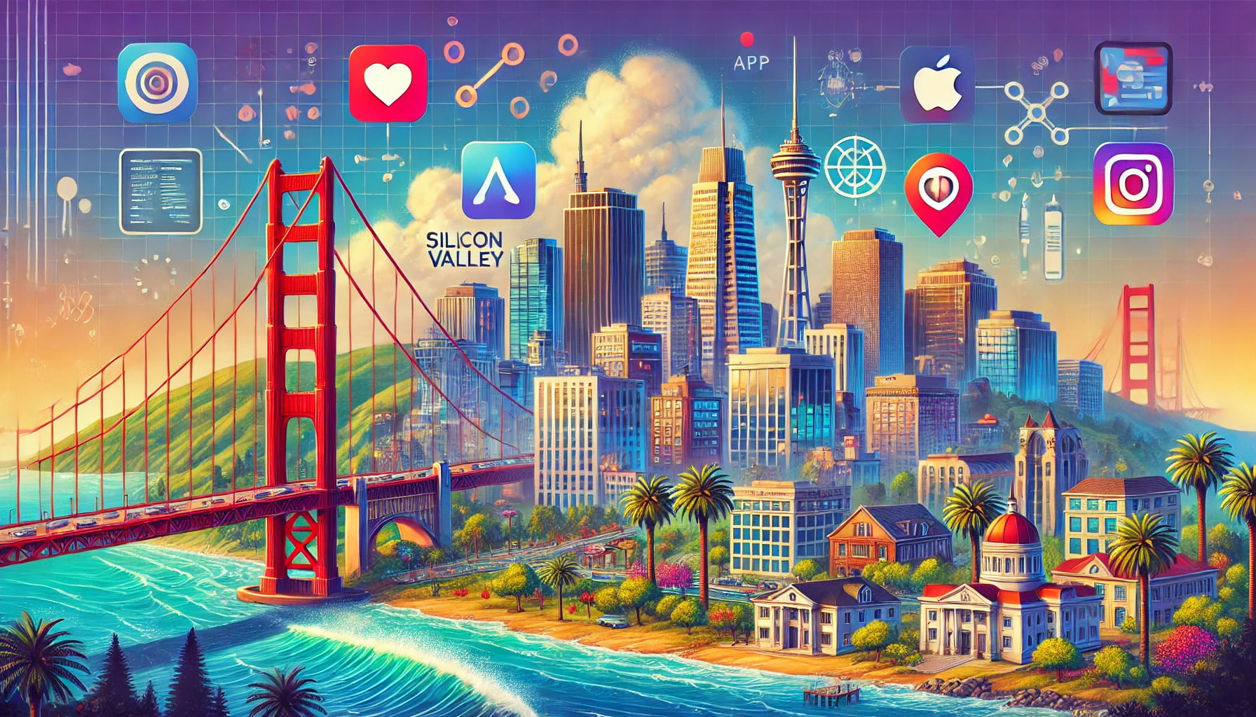 illustration of California, featuring iconic landmarks and elements of app development, capturing the innovative spirit of California's tech industry.